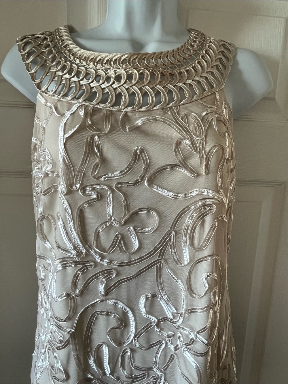 Jessica Cream Beaded Necklace-Detail Cocktail Dress